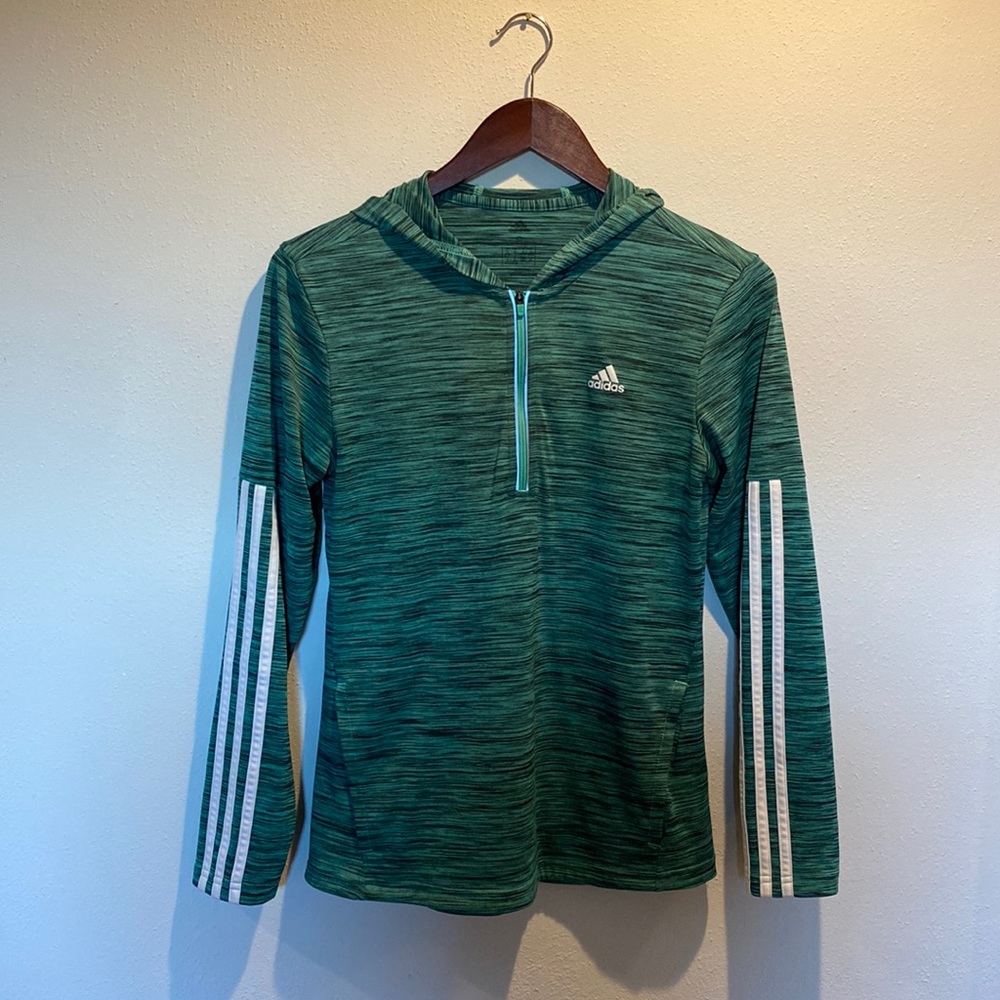Small, hooded, Adidas 3/4 zip top. Green/black heather color.